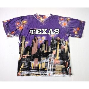 Vintage Texas State AOP Shirt Mens Large Double Sided City Skyline Fireworks 90s